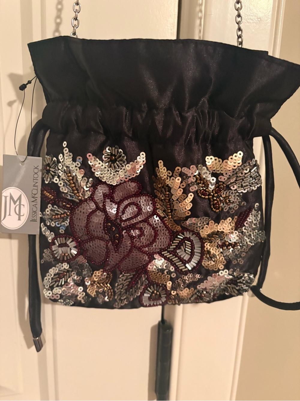 Jessica McClintock Black Sequin Drawstring Evening Bag